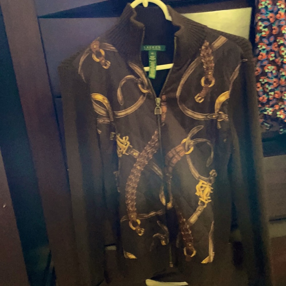 Cute short sweater worn open or closed beautiful chocolate brown with gold
